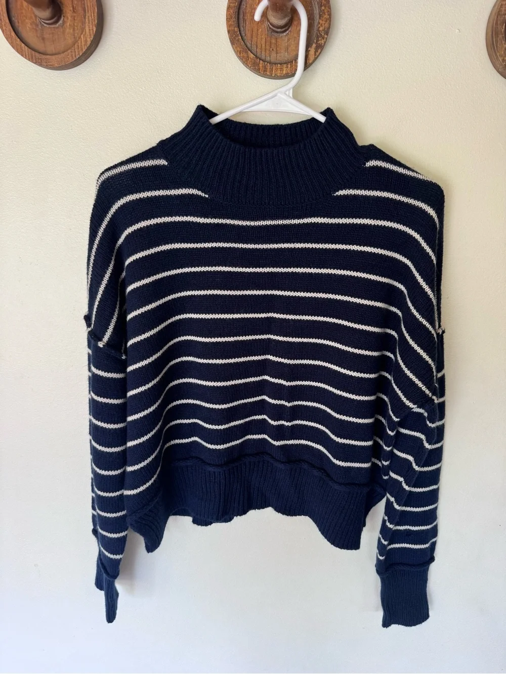 The Workshop navy blue Striped Mock Neck cropped Women's Sweater size small
